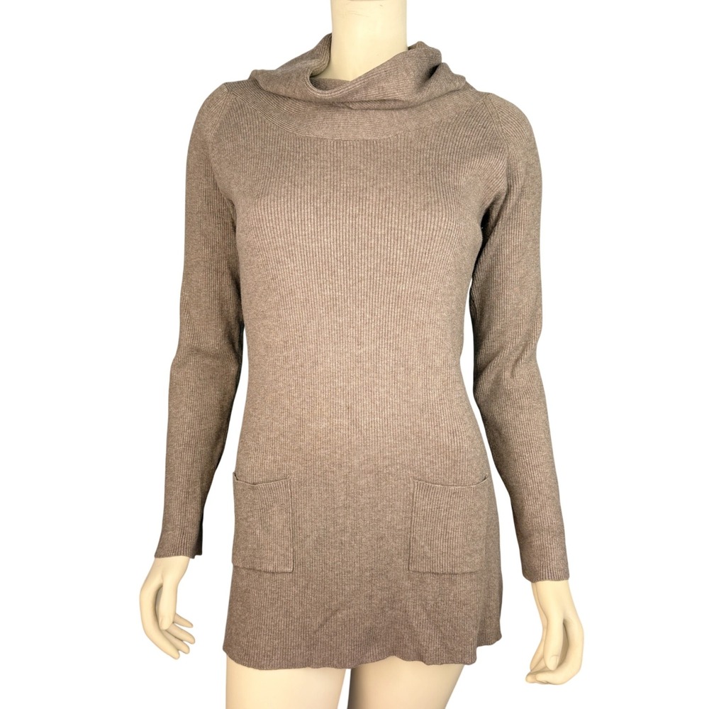 INC Inernational Concepts Tunic Dress Size LP Taupe Ribbed Knit Cowl Neck‎